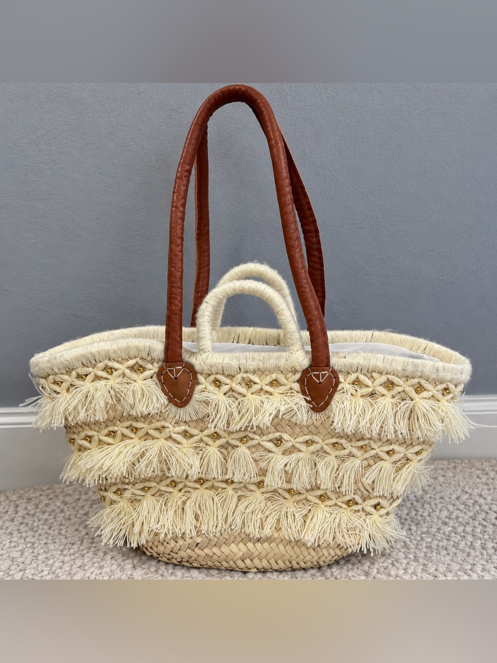 Unbranded Woven Straw Fringe Tassel Beaded Boho Shoulder Tote Bag